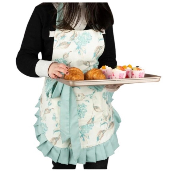 Neoviva Kathy 100% Cotton Ruffle Pocketed Double Layered Floral Apron New - Picture 2 of 7